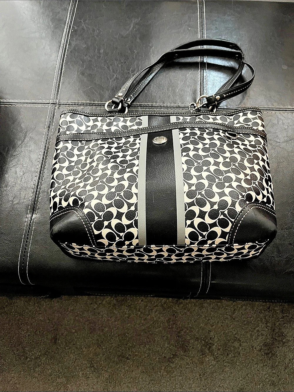 Coach Devin Signature Stripe Tote Shoulder Bag Black & White